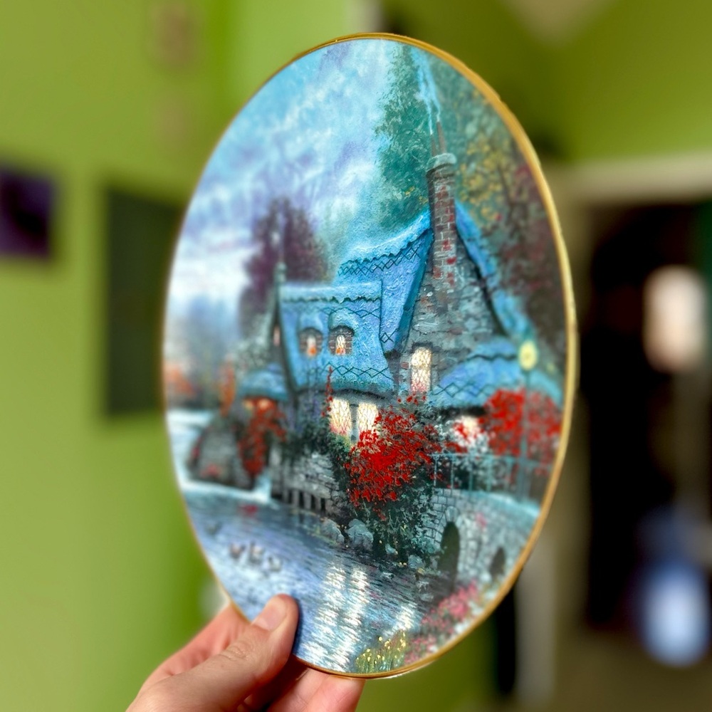 VTG Night Cottagecore Cabin Cottage On Water Whimsical Porcelain Wall Plate Art - Picture 2 of 4